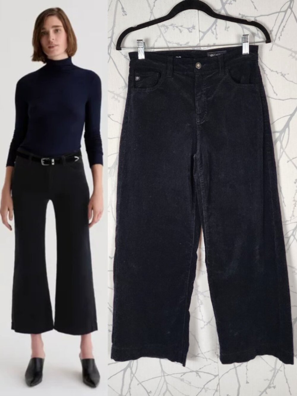 AG Black Corduroy Mid Rise Saige Wide Leg Crop Pants